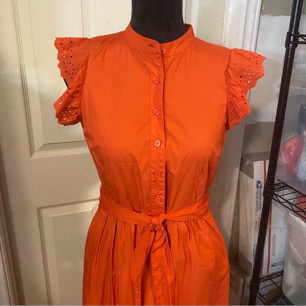 Tiered Midi Dress Eyelet Short sleeve Pleated Button Up belted Cotton Peasant - Picture 13 of 14